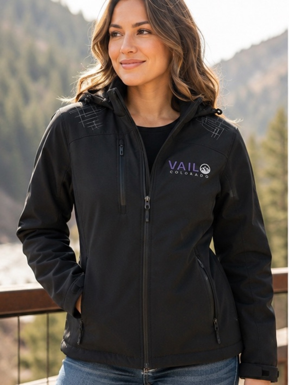 VAIL Colorado Women's Black Softshell Ski Jacket with Hood